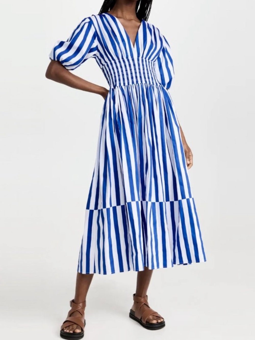 AYR The Extra Extra Puff Sleeve Midi Dress in Marais Blue Regatta Stripe XS - Picture 4 of 16
